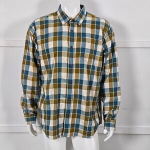 prAna Mens XL Long Sleeve Plaid Flannel Casual Button Down Shirt Olive Blue